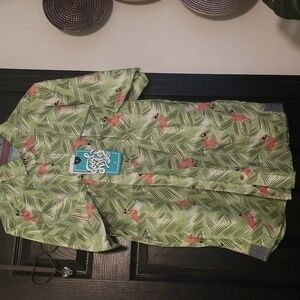 Men's Drill Short Sleeves Button Down Shirt; Green Pink Black & White; Size L